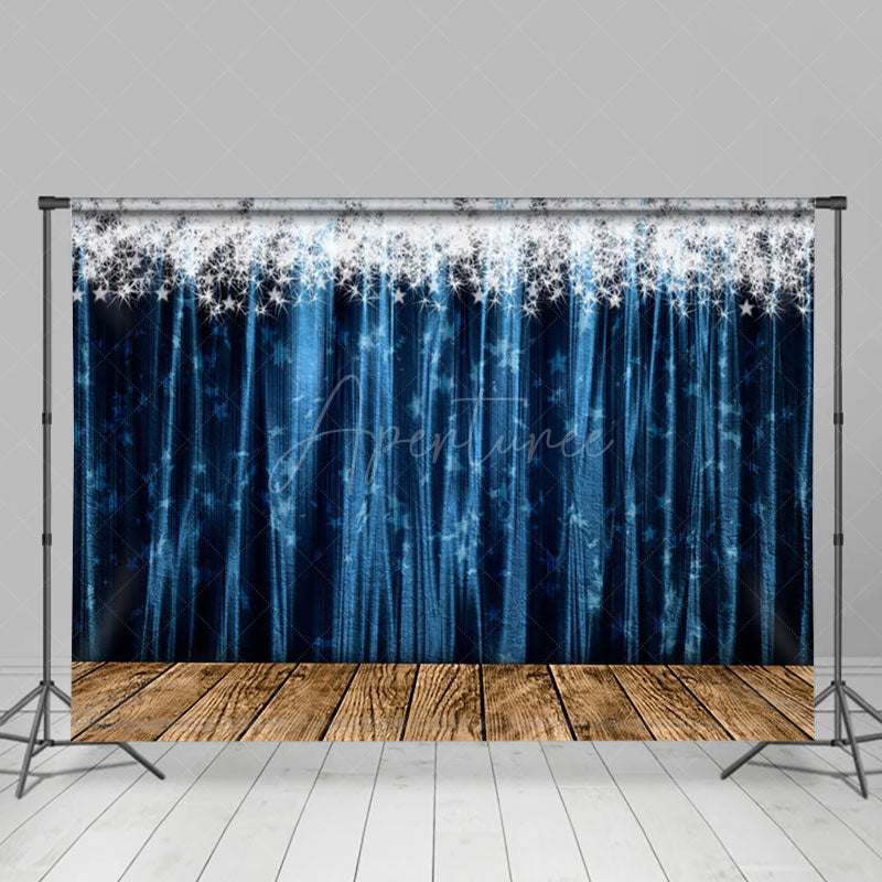 Aperturee - Aperturee Silver Sparkle Blue Curtain Wood New Year Backdrop