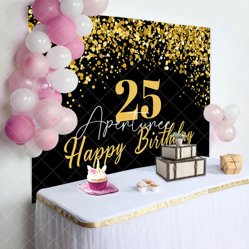 Aperturee - Aperturee Simple Black Gold Dots Happy 25th Birthday Backdrop