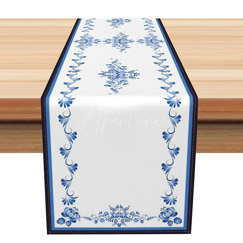 Aperturee - Aperturee Simple Blue and White Floral Table Runner Classic Chinoiserie Kitchen Decor Elegant Farmhouse Dining Linen