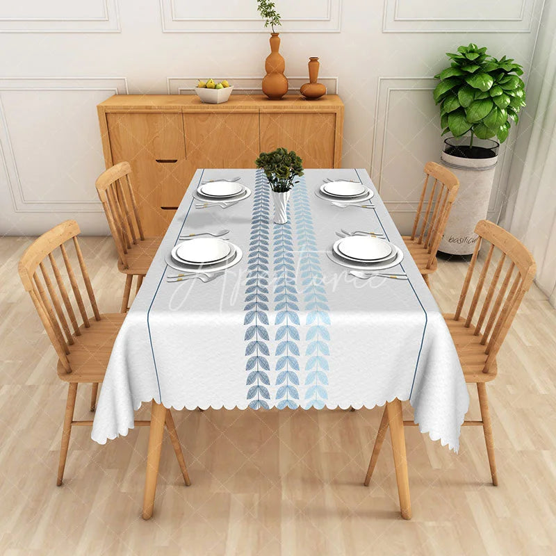 Aperturee - Aperturee Simple Blue Leaf Vine Border Rectangle Tablecloth Elegant Botanical Striped Kitchen Dining Table Cover Decor