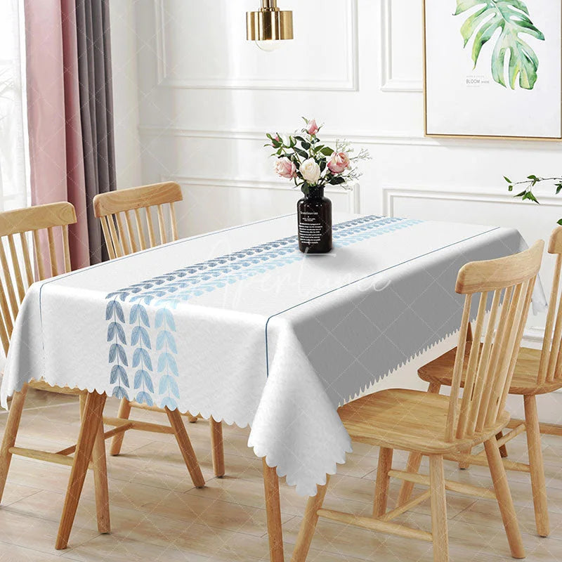 Aperturee - Aperturee Simple Blue Leaf Vine Border Rectangle Tablecloth Elegant Botanical Striped Kitchen Dining Table Cover Decor