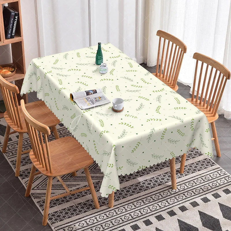Aperturee - Aperturee Simple Botanical Leaf Rectangle Tablecloth Beige with Green Leaves and Dots Farmhouse Kitchen Dining Decor