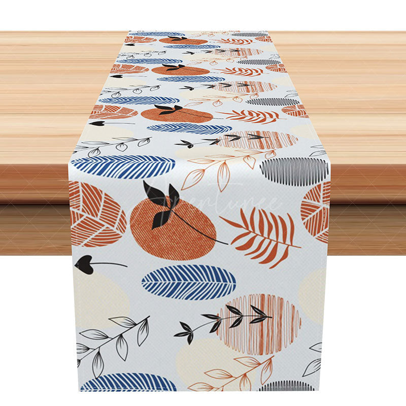Aperturee - Aperturee Simple Botanical Table Runner with Blue and Red Line Art Leaves for Modern Farmhouse Kitchen Decor