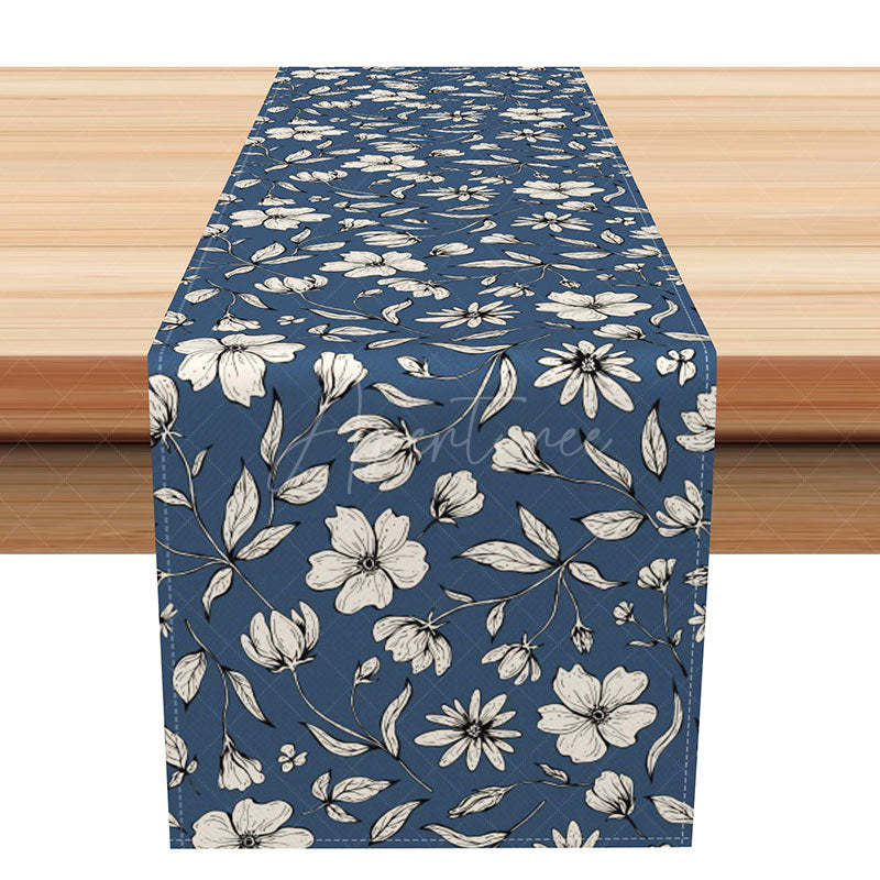 Aperturee - Aperturee Simple Gray and Blue Floral Table Runner Repeating Botanical Pattern with a Modern Vibe Minimalist Kitchen Decor
