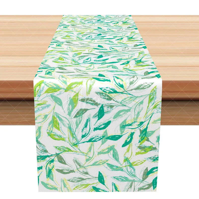 Aperturee - Aperturee Simple Green Botanical Table Runner with Modern Leaf Print Farmhouse Kitchen and Dining Table Decor