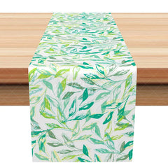 Aperturee - Aperturee Simple Green Botanical Table Runner with Modern Leaf Print Farmhouse Kitchen and Dining Table Decor