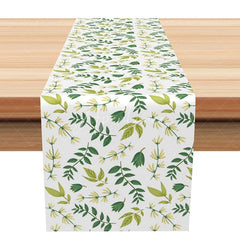 Aperturee - Aperturee Simple Green Leaf Table Runner on White Farmhouse Botanical Print for Kitchen Dining and Spring Decor