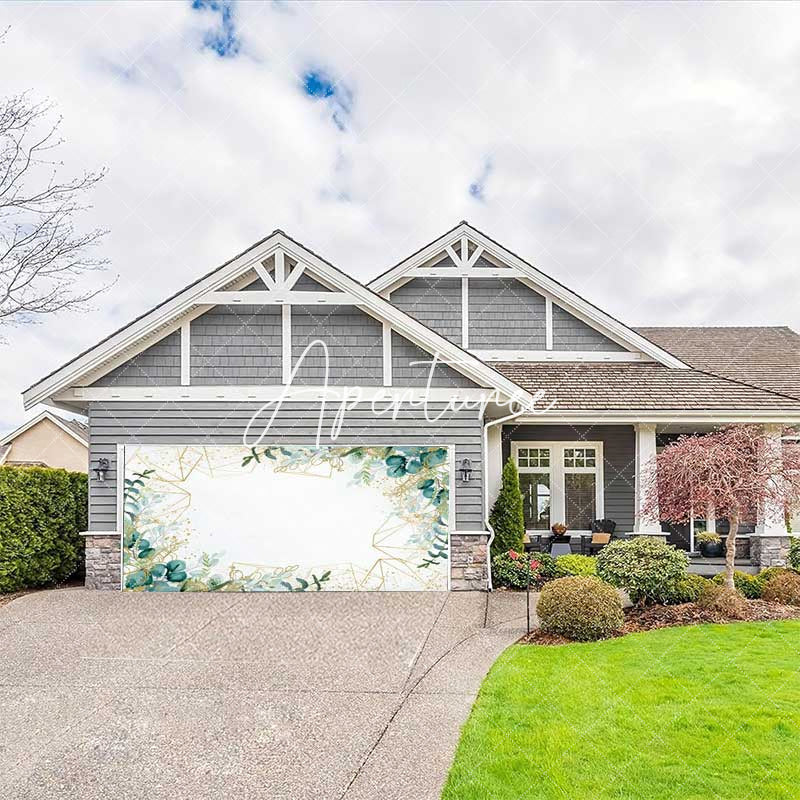 Aperturee - Aperturee Simple Green Leaves Gold Lines Garage Door Banner