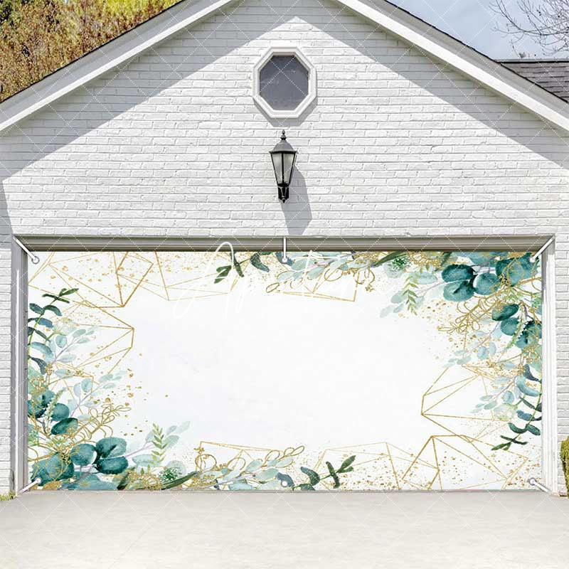 Aperturee - Aperturee Simple Green Leaves Gold Lines Garage Door Banner