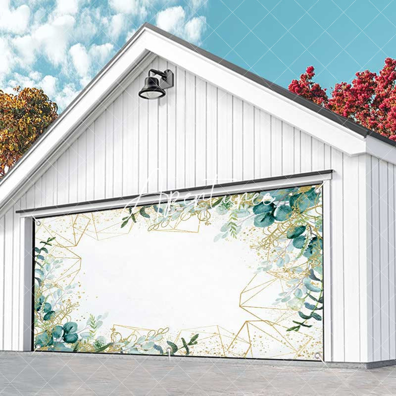Aperturee - Aperturee Simple Green Leaves Gold Lines Garage Door Banner