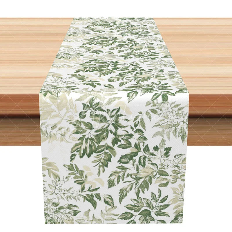 Aperturee - Aperturee Simple Greenery Table Runner Botanical Leaf Print on White Modern Farmhouse Kitchen Dining Decor