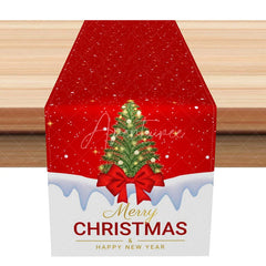Aperturee - Aperturee Simple ’Merry Christmas’ Table Runner Red with Christmas Tree and Bow Holiday Dining Decor