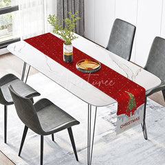 Aperturee - Aperturee Simple ’Merry Christmas’ Table Runner Red with Christmas Tree and Bow Holiday Dining Decor
