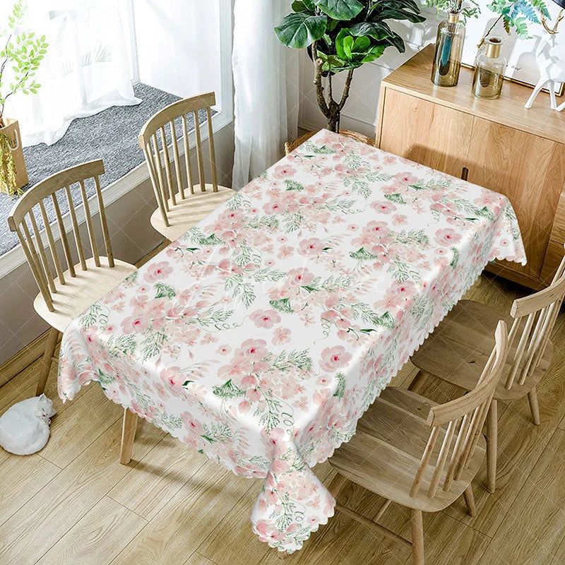 Aperturee - Aperturee Simple Pink Floral Rectangle Tablecloth Dainty Botanical Print on White Farmhouse Kitchen Dining Decor