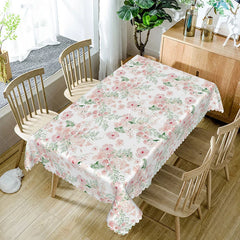 Aperturee - Aperturee Simple Pink Floral Rectangle Tablecloth Dainty Botanical Print on White Farmhouse Kitchen Dining Decor