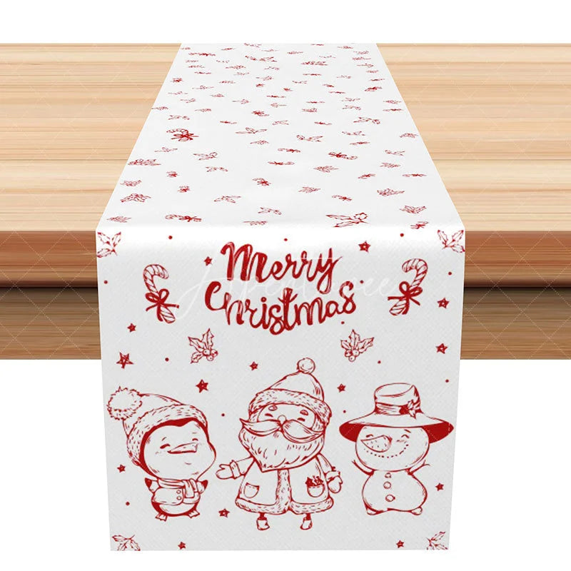 Aperturee - Aperturee Simple Red Christmas Character Table Runner Santa Snowman and Penguin Minimalist Holiday Decor