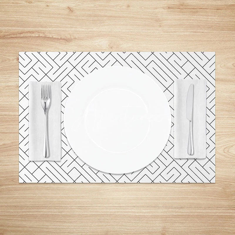 Aperturee - Aperturee Simple White and Black Lines Pattern Set of 4 Placemats for Modern Minimalist and Farmhouse Kitchen