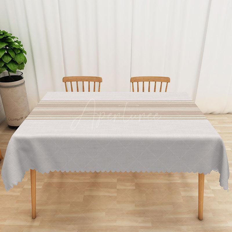 Aperturee - Aperturee Simple White and Brown Stripe Rectangle Tablecloth for Minimalist Farmhouse and Everyday Dining Decor