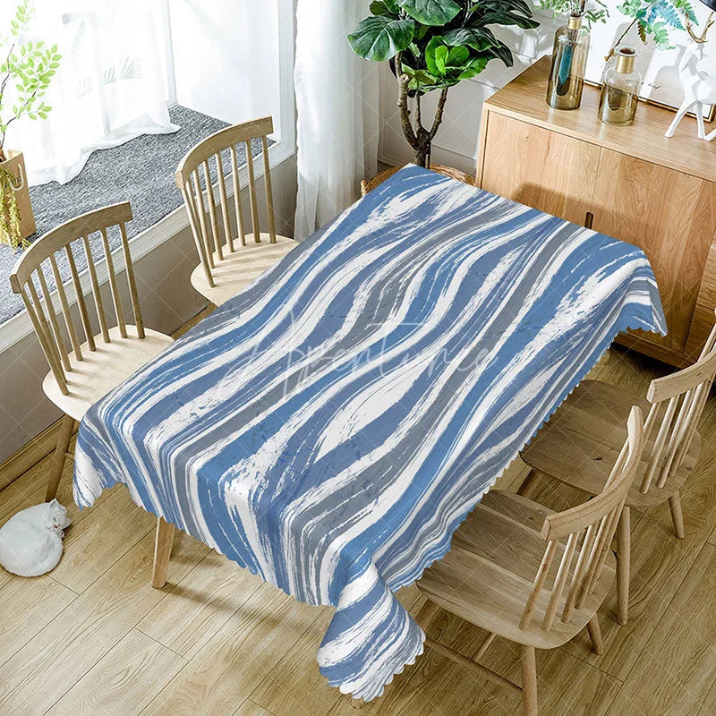Aperturee - Aperturee Simple White Rectangle Tablecloth with Blue and Gray Water Ripples for Coastal and Minimalist Decor