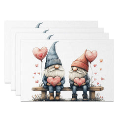 Aperturee - Aperturee Sitting Gnome Heart Balloon Set of 4 Placemats Red Blue Hat Valentine Decoration Cute Couple Dining Table Mat