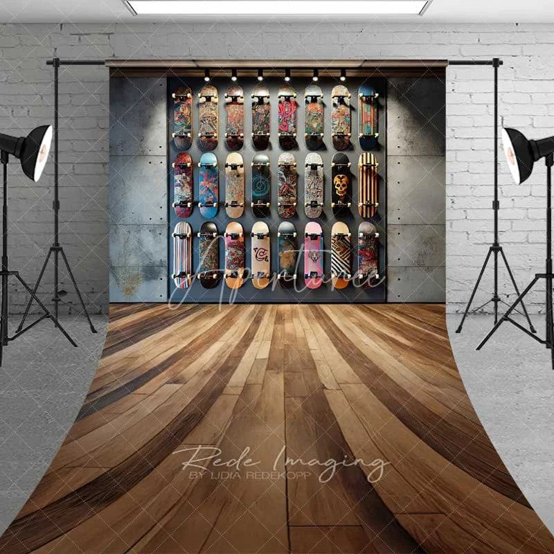 Aperturee - Aperturee Skateboard Shop Wall Sweep Photography Backdrop Urban Street Skate Deck Wood Floor Photo Background