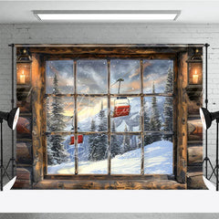Aperturee - Aperturee Ski Lodge Cabin Window Photography Backdrop Snowy Mountain and Ski Lift View Rustic Winter Holiday Background