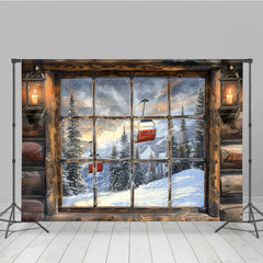Aperturee - Aperturee Ski Lodge Cabin Window Photography Backdrop Snowy Mountain and Ski Lift View Rustic Winter Holiday Background