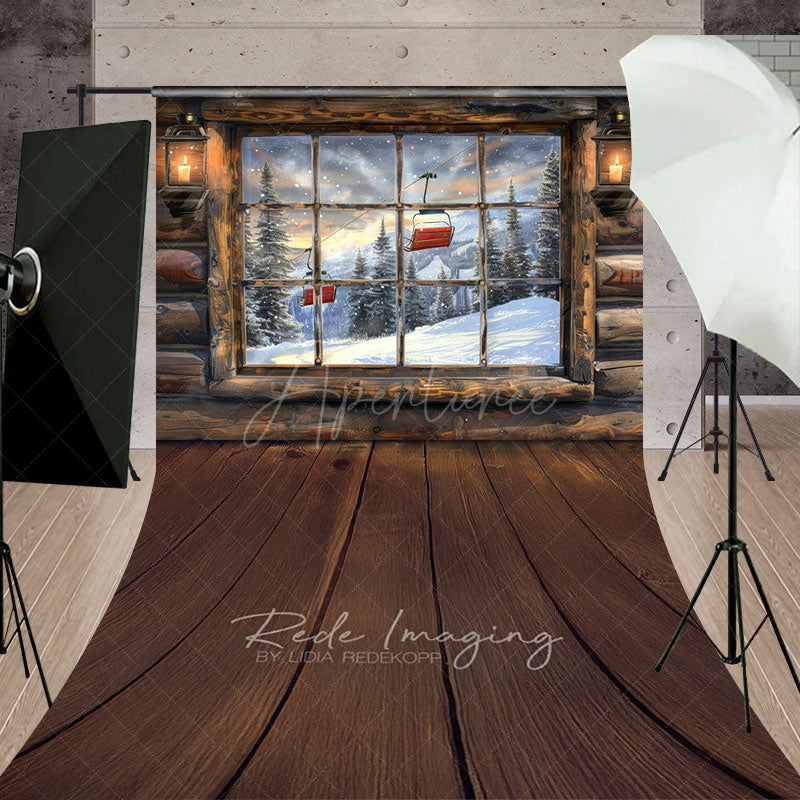 Aperturee - Aperturee Ski Lodge Cabin Window Sweep Backdrop Snowy Mountain and Ski Lift View Rustic Winter Holiday Floor Drop