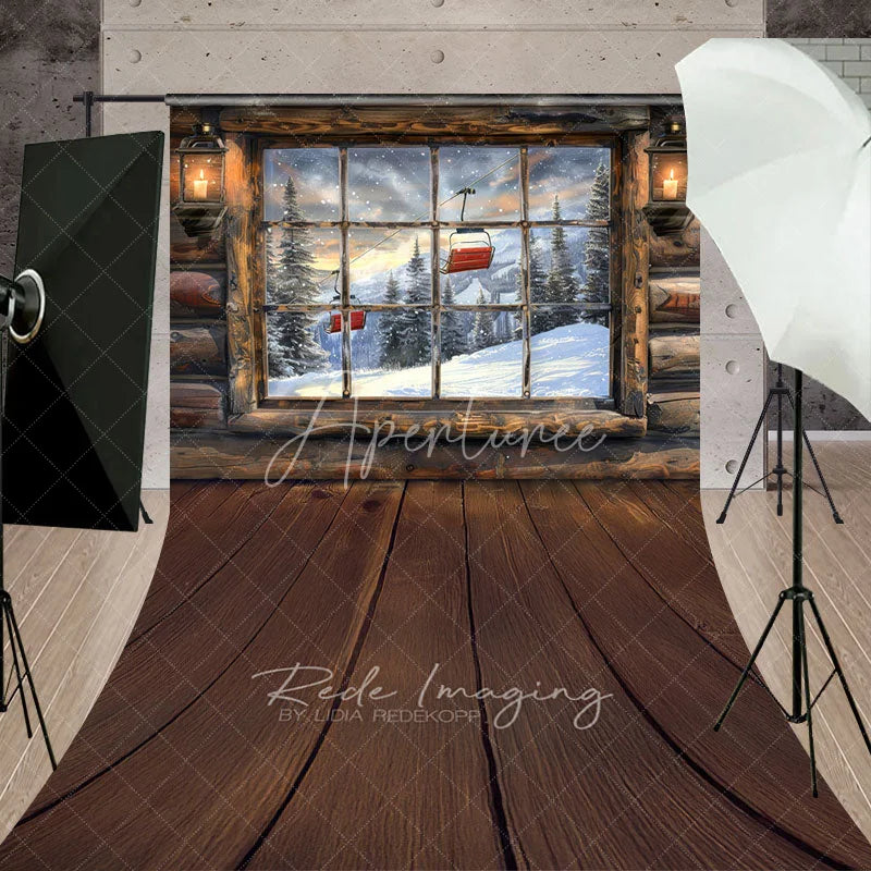 Aperturee - Aperturee Ski Lodge Cabin Window Sweep Backdrop Snowy Mountain and Ski Lift View Rustic Winter Holiday Floor Drop