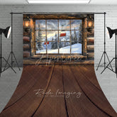 Aperturee - Aperturee Ski Lodge Cabin Window Sweep Backdrop Snowy Mountain and Ski Lift View Rustic Winter Holiday Floor Drop