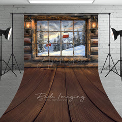 Aperturee - Aperturee Ski Lodge Cabin Window Sweep Backdrop Snowy Mountain and Ski Lift View Rustic Winter Holiday Floor Drop