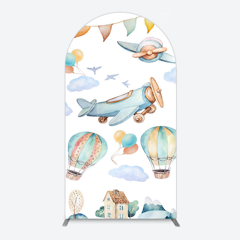 Aperturee - Aperturee Sky Airplane Hot Air Balloon Birthday Arch Backdrop
