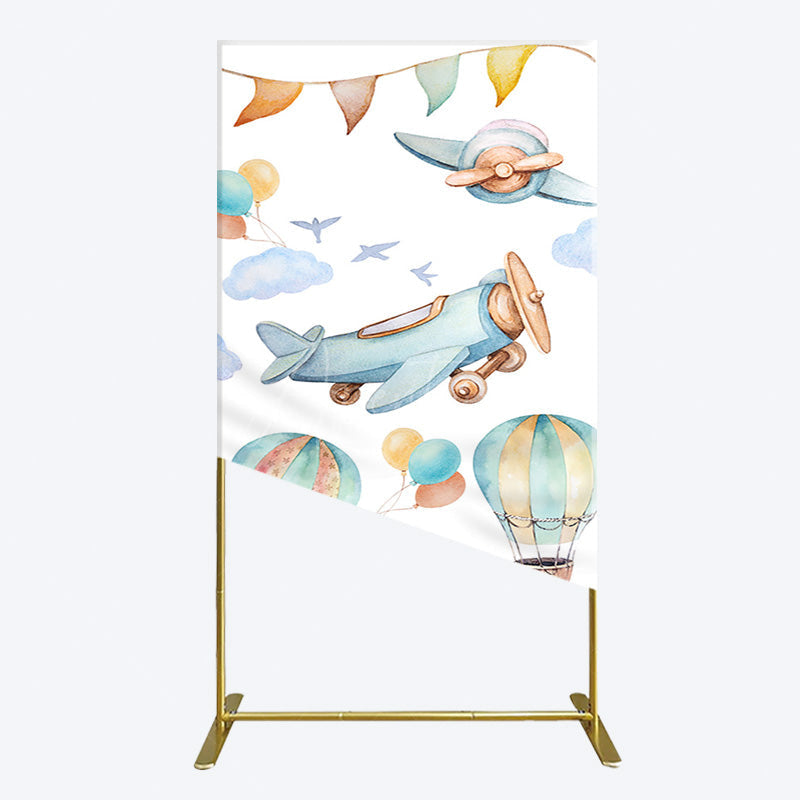 Aperturee - Aperturee Sky Airplane Hot Air Balloon Birthday Rectangle Backdrop