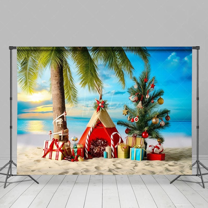 Aperturee - Aperturee Sky Sunset Coconut Tree Christmas In July Backdrop