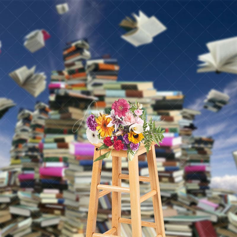 Aperturee - Aperturee Sky Waves Stacked Books Happy World Book Day Backdrop
