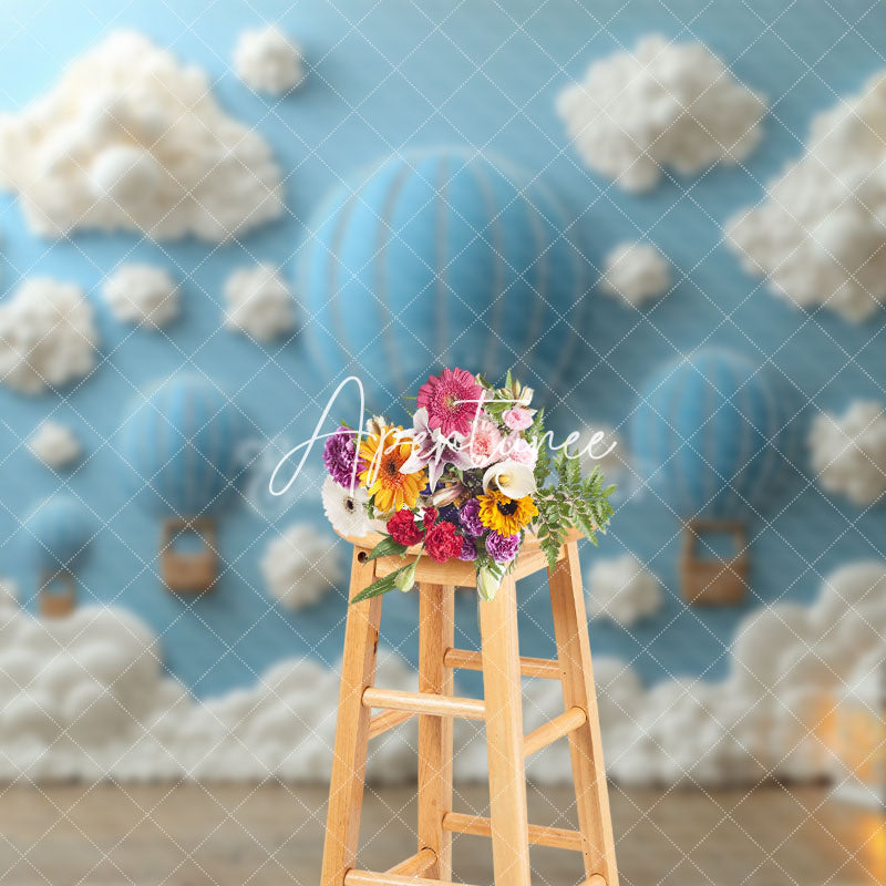 Aperturee - Aperturee Sky White Cloud Hot Air Balloon Cake Smash Backdrop
