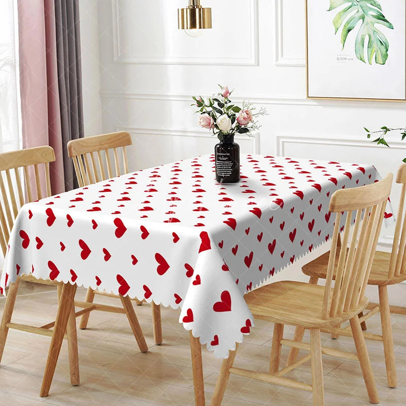 Aperturee - Aperturee Small Red Heart Scatter Rectangle Tablecloth Simple Minimalist Love Pattern Valentine Anniversary Dining Decor