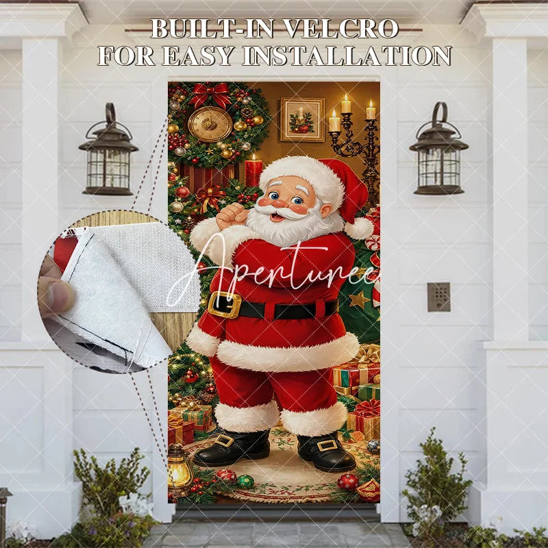 Aperturee - Aperturee Smiling Santa Claus and Decorated Christmas Tree with Presents Holiday Door Cover Festive Winter Decor