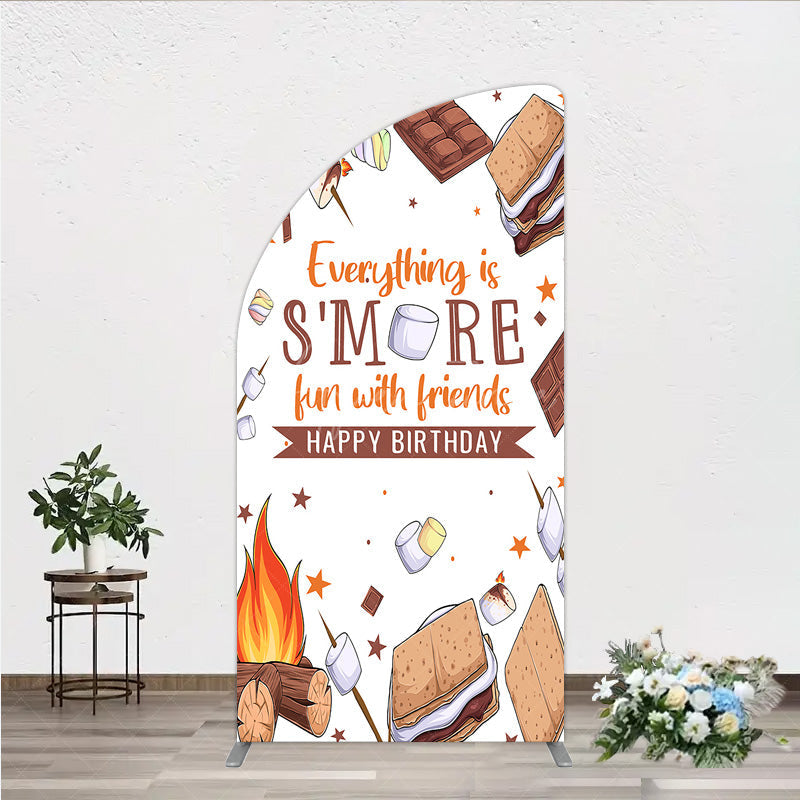 Aperturee - Aperturee S’more Fun Birthday Half Moon Arch Backdrop Camping Campfire and Marshmallow Theme Outdoor Party Photo Booth Decor