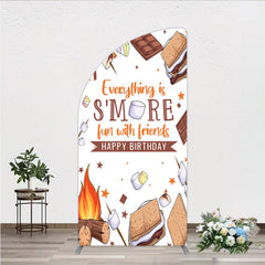 Aperturee - Aperturee S’more Fun Birthday Half Moon Arch Backdrop Camping Campfire and Marshmallow Theme Outdoor Party Photo Booth Decor
