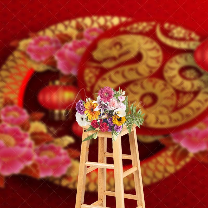 Aperturee - Aperturee Snake Flowers Red Chinese New Year Party Backdrop