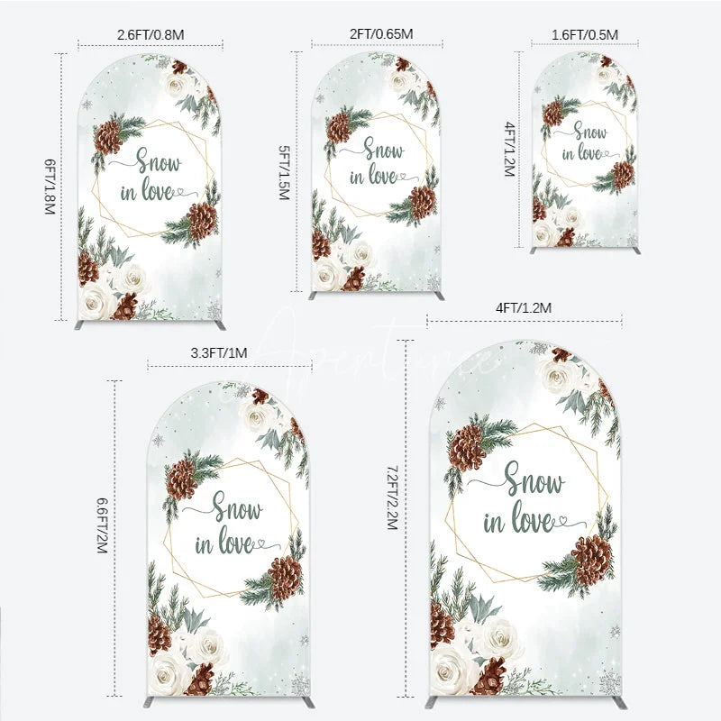 Aperturee - Aperturee Snow in Love Arch Backdrop for Winter Wedding Bridal Shower with Pinecones White Roses and Snowflakes Decor