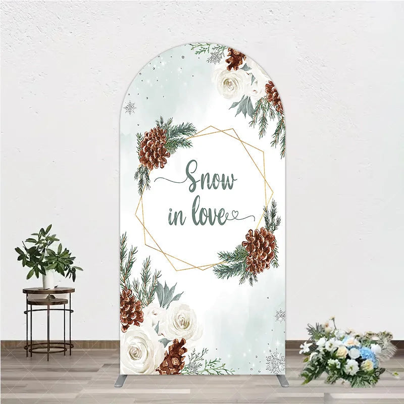 Aperturee - Aperturee Snow in Love Arch Backdrop for Winter Wedding Bridal Shower with Pinecones White Roses and Snowflakes Decor