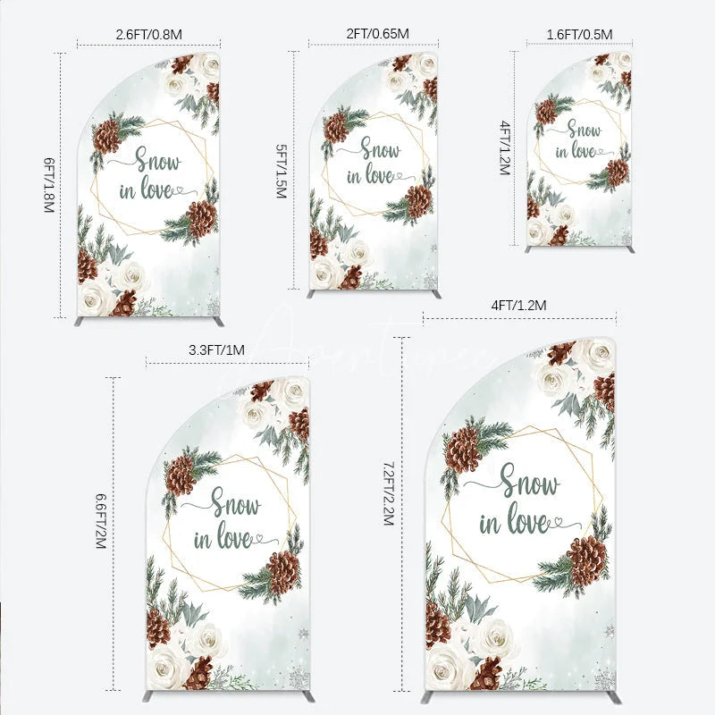 Aperturee - Aperturee Snow in Love Half Moon Arch Backdrop for Winter Wedding Bridal Shower with Pinecones White Roses and Snowflakes Decor