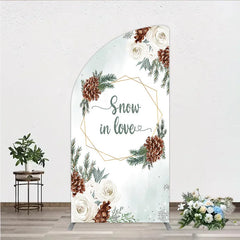 Aperturee - Aperturee Snow in Love Half Moon Arch Backdrop for Winter Wedding Bridal Shower with Pinecones White Roses and Snowflakes Decor