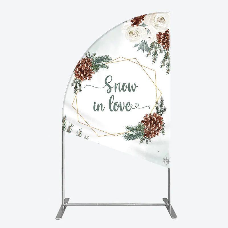 Aperturee - Aperturee Snow in Love Half Moon Arch Backdrop for Winter Wedding Bridal Shower with Pinecones White Roses and Snowflakes Decor