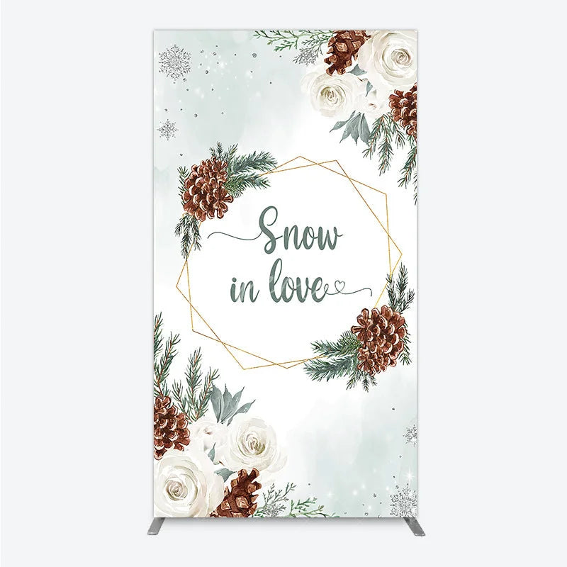 Aperturee - Aperturee Snow in Love Rectangle Backdrop for Winter Wedding Bridal Shower with Pinecones White Roses and Snowflakes Decor