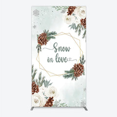Aperturee - Aperturee Snow in Love Rectangle Backdrop for Winter Wedding Bridal Shower with Pinecones White Roses and Snowflakes Decor