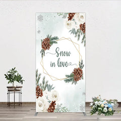 Aperturee - Aperturee Snow in Love Rectangle Backdrop for Winter Wedding Bridal Shower with Pinecones White Roses and Snowflakes Decor