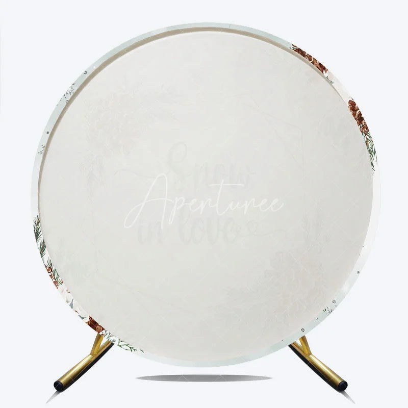 Aperturee - Aperturee Snow in Love Round Backdrop for Winter Wedding Bridal Shower with Pinecones White Roses and Snowflakes Decor